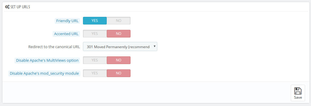 PrestaShop SEO and URL settings