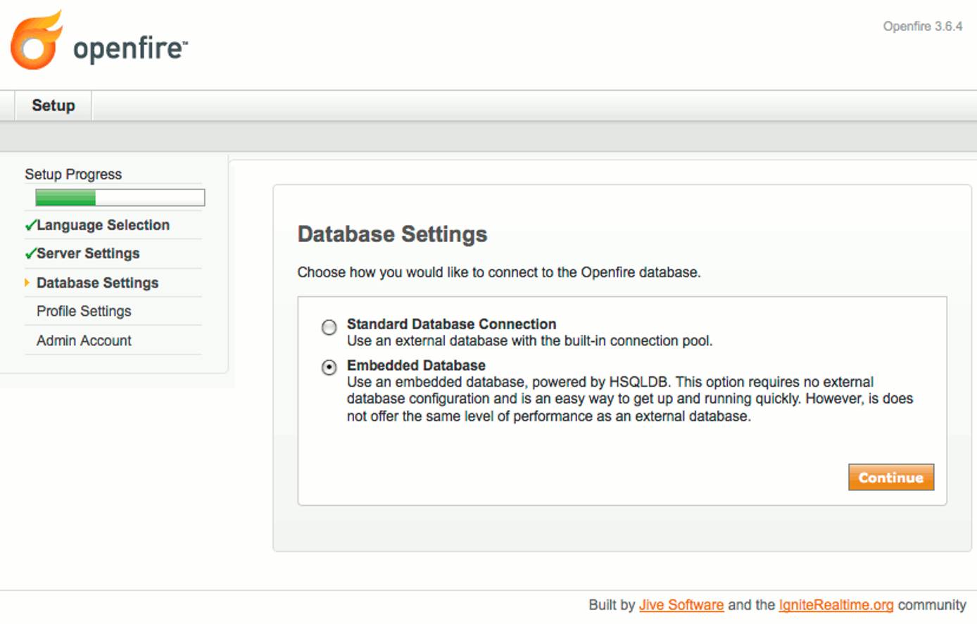 Database type selection in Openfire setup on Ubuntu 10.04 (Lucid).